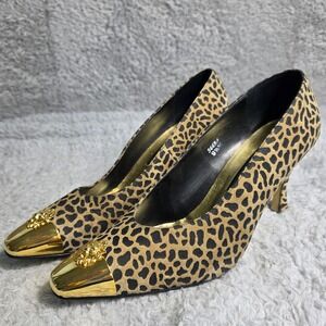 VTG J Renee Leopard Heels Gold Lion Head Toe Cap Pumps Womens Size 9.5M